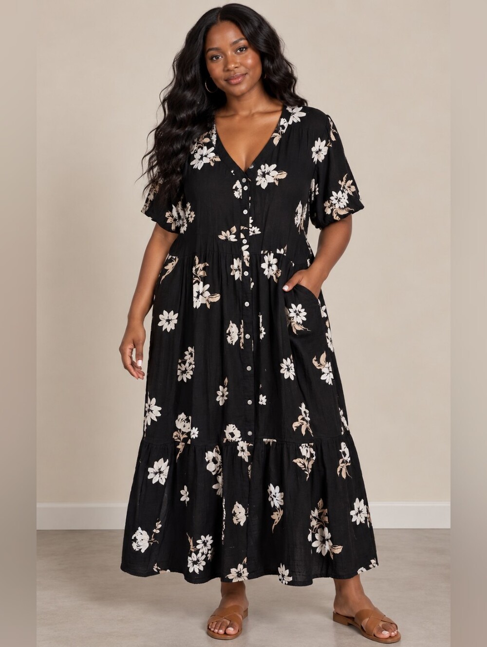 Sonoma Goods For Life XXL Black Floral Tiered Midi Maxi Dress Button Front 100%